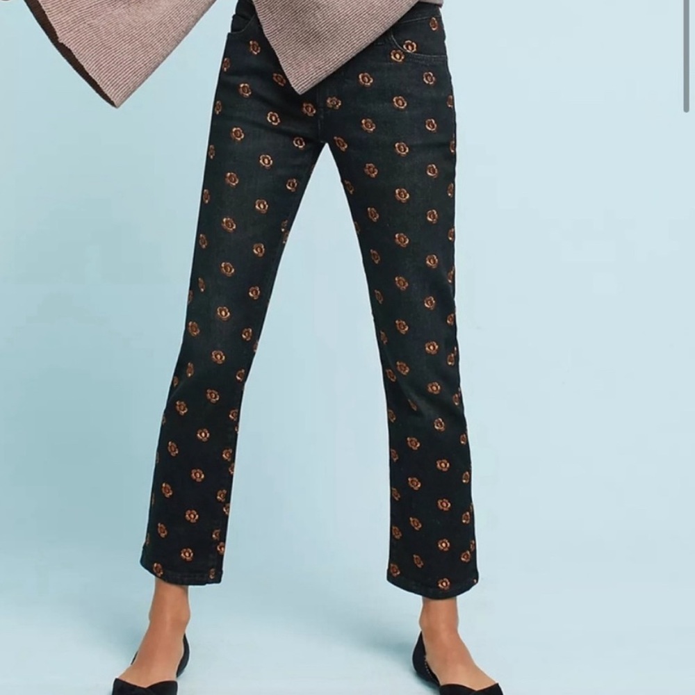 Anthropologie Jeans pilcro letterpress Slim fit size 28 black gold embroidery